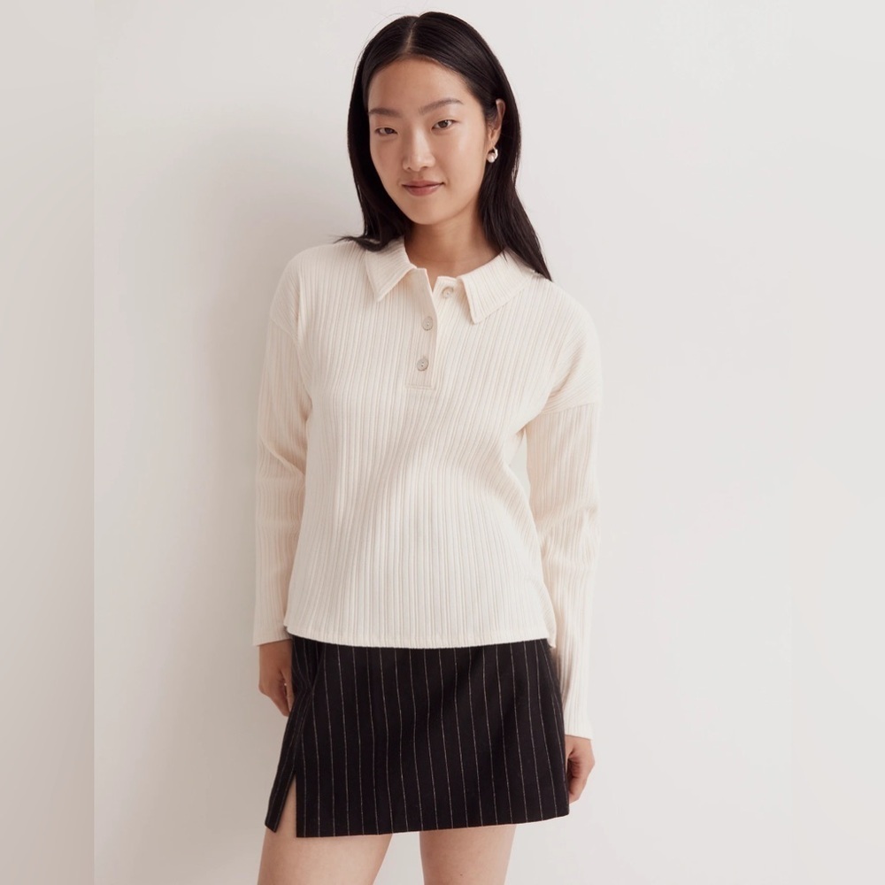 Madewell Variegated Rib Boxy Long Sleeve Preppy Polo Shirt XS A61